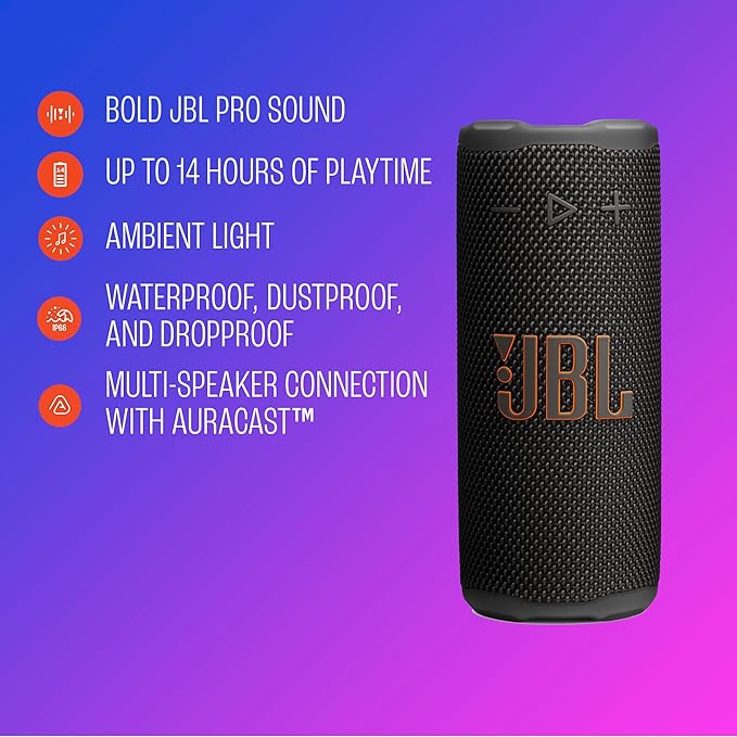 JBL Grip - Compact Bluetooth Speaker with Bold JBL Pro Sound and Ambient Light, up to 14 Hours of Playtime, Water, Dust and Drop-Proof (IP68), & Multi-Speaker Connection with Auracast™ (Red)