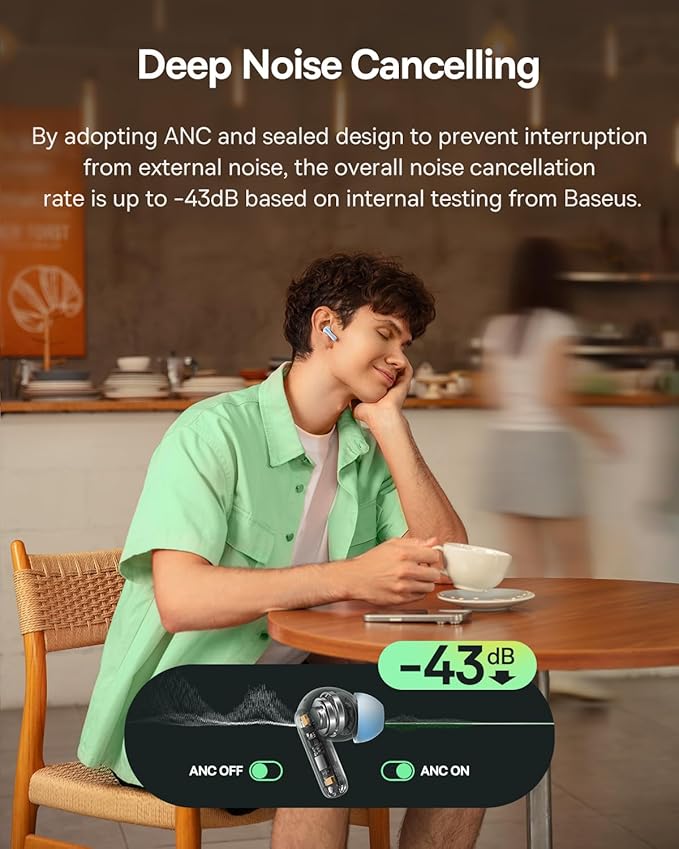 Baseus Bass BP1 NC Hybrid Active Noise Cancelling Wireless Earbuds, 12mm Super-Bass Driver, 41H Playtime, Bluetooth 6.0, IP55 Waterproof, 4-Mic AI ENC, 24 Customizable EQ (Blue)