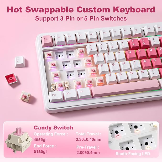 YUNZII B75 PRO MAX QMK/VIA Wireless Mechanical Keyboard,75% Layout with Screen and Knob,Custom Hot Swap Gasket,Creamy Pre-lubed Switches,Bluetooth/Type-C/2.4G for Win/Mac (White Heart,Candy Switch)