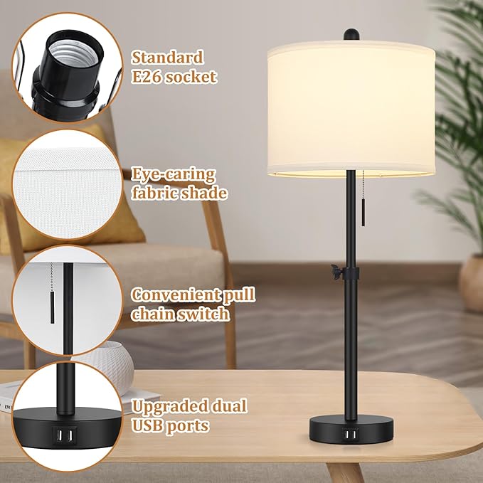 Kondras Table Lamp for Bedroom Set of 2, 23" to 30" Height Adjustable Bedside Lamp with 2 USB Ports, Black Nightstand Lamp with White Shade, Modern Pull Chain Table Lamp for Living Room End Table