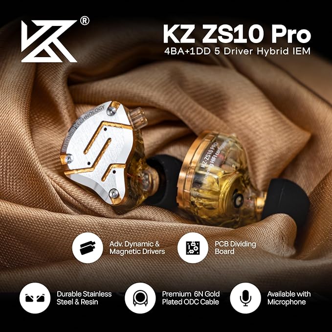 Linsoul KZ ZS10 Pro, 4BA+1DD 5 Driver in Ear Monitor, HiFi Wired Earbuds, Gaming Earbuds, Hybrid IEM Earphones with Stainless Steel Faceplate, Detachable Cable for Musician(Without Mic, Glare Yellow)