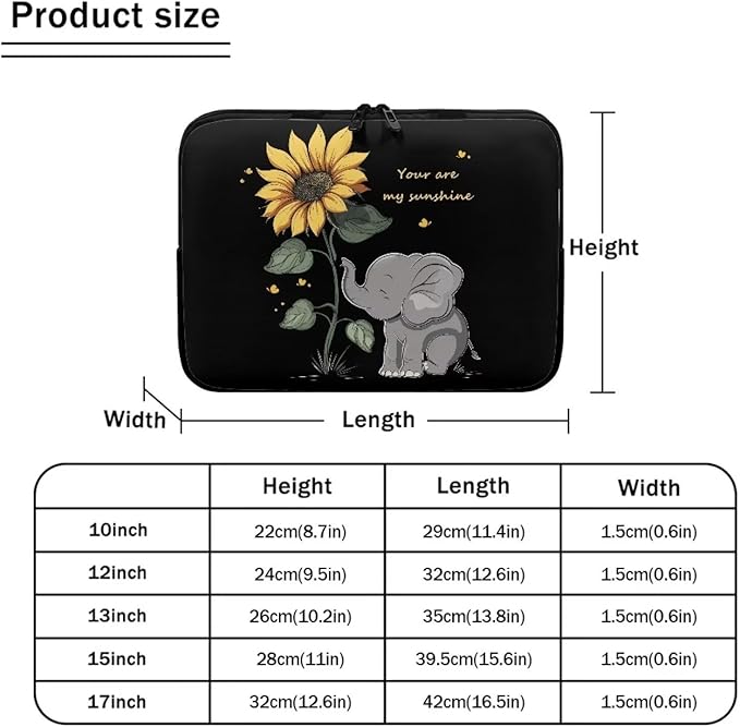 Sunflower Elephant Laptop Sleeve Case for Kids 17 Inch Laptop Protector with Multiple Uses Lightweight Computer Sleeve Tablet Bag Laptop Carrying Case Gifts for Girls Black