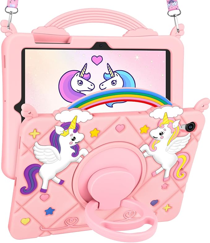 Uppuppy for Galaxy Tab S10 FE 5G Case/Tab S9 FE Case - Cute Cartoon Kawaii Unicorn Teen Girls Women Tablet Cover with Rotating Stand & Strap Soft Silicone Funda for Samsung Tab S9FE/S10FE 10.9 Inch