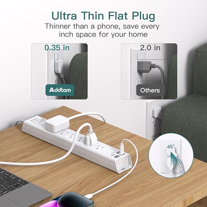 Addtam Power Strip Surge Protector - 15ft Long Extension Cord with 6 Outlets and 4 USB Ports (2 USB C), Ultra Flat Plug Wall Mount, Heavy Duty Charging Station for Home Office Dorm