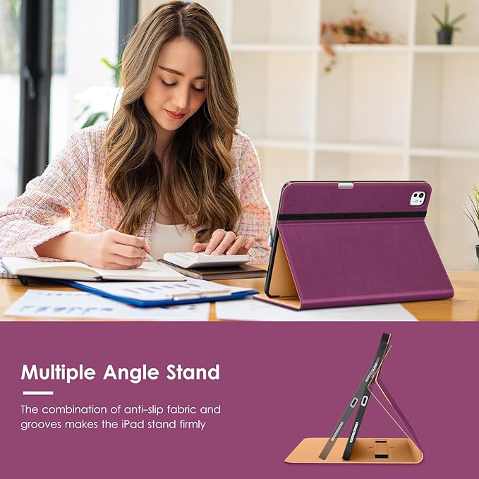 VIKESI Case for iPad Pro 13-inch M5 or M4 Released in 2025 or 2024, Leather Stand Cover with Apple Pencil Holder, Auto Wake/Sleep, Multiple Viewing Angles, Built in Hand Strap & Pocket,Purple