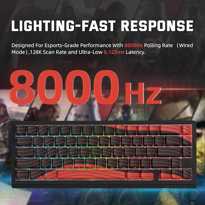 ATTACK SHARK X68 PRO HE Wireless Rapid Trigger Gaming Keyboard with Adjustable Actuation,8K Polling Rate,Hall Effect Magnetic Switch,Hot-Swap,RGB Backlit,BT/2.4GHz/Wired,for FPS Games-Black&Red