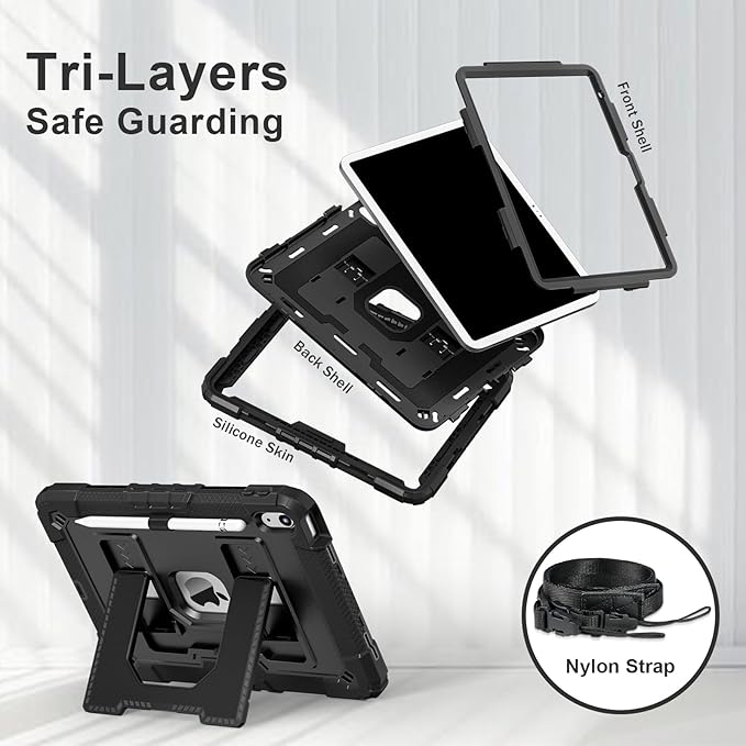 Kids Friendly Case for iPad A16 11th Generation 11 Inch 2025 / iPad 10th Generation 10.9" 2022 Case with Pencil Holder & Shoulder Strap, Hybrid iPad 11 10 Cover Rugged Shockproof Kickstand,Black