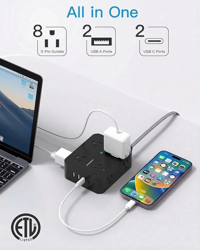 HANYCONY Extension Cord 25 Ft, Surge Protector Power Strip with 8 Outlets 4 USB Ports(2 USB C), Long Cord, Wall Mount, Desk USB Charging Station for Home Office College Dorm Room Essentials