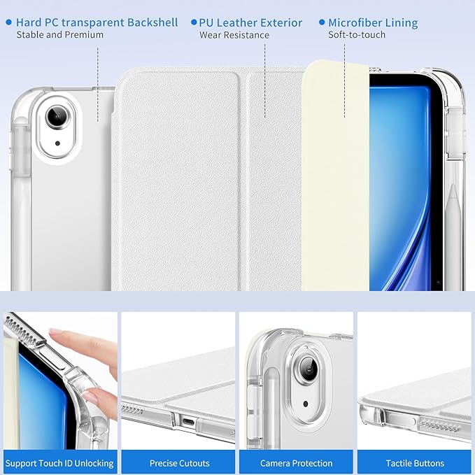 MoKo for iPad Air 11 inch Case (M4/M3/M2) 2026/2025/2024, iPad Air 5th/4th Gen 10.9 inch Case 2022/2020 with Pencil Holder, Slim Light Trifold Cover with Hard PC Translucent Back Shell, White
