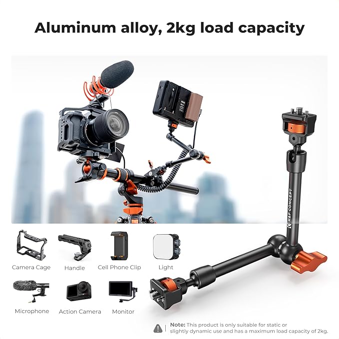 K&F CONCEPT 11" Magic Arm 1/4" Screw 360° Ball Heads Articulating Friction Camera Arm Mount for Monitor, LED Light, Webcam, Microphone, Camera Cage