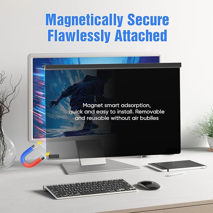 Magnetic Computer Privacy Screen 27 Inch, Aesthetic Hanging Privacy Screen for Computer Monitor with Anti-Blue Light Coating, Removable PVC Magnetic Attachment Computer Monitor Privacy