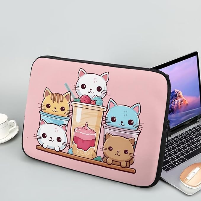 Cute Cat Laptop Sleeve for Women Girls 15 inch Laptop Protector with Multiple Uses Lap Top Case Lightweight Computer Carrying Case Kawaii Tablet Bag for Daughters Pink