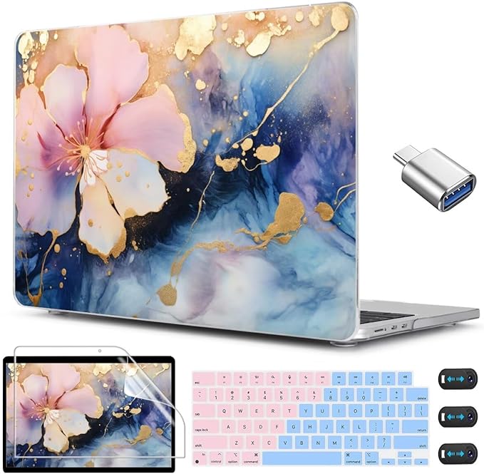 CISSOOK Compatible with MacBook Air 13.6 inch Case M2 M3 M4 M5 Release 2026 2025 2024 2023 2022, Hard Shell Case Keyboard Cover for MacBook Air 13 inch A3449 A3240 A3113 A2681, Marble Flower