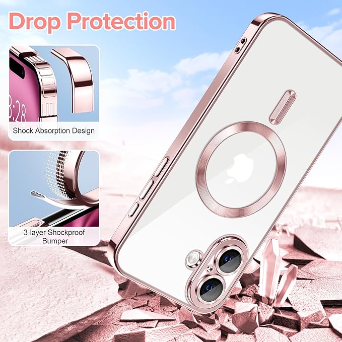 Hython Magnetic Clear for iPhone 16 Case with Camera Lens Protector [Compatible with MagSafe] Luxury Plating Edge Slim Soft TPU Cover Protective Phone Case for iPhone 16 6.1", Pink