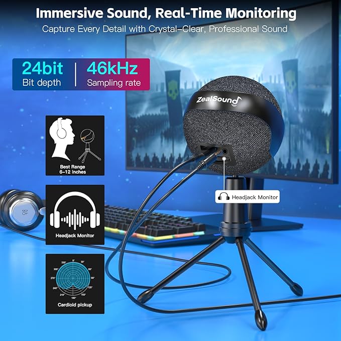 ZealSound Podcast USB Microphone for PC/Mac/iPhone, Cardioid Condenser Mic with Noise Reduction, Tap-to-Mute, RGB Lighting, Zero Latency Monitoring, Volume Control for Gaming, Recording, YouTube