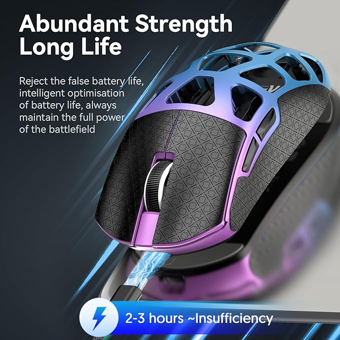 R3 Wireless Gaming Mouse, 46g Superlight Magnesium Alloy Triple-Mode Computer Mouse, 8000Hz Polling Rate, PAW3395 26K DPI Sensor Programmable Mice with Griptape for PC/Win/Mac (Purple&Blue)