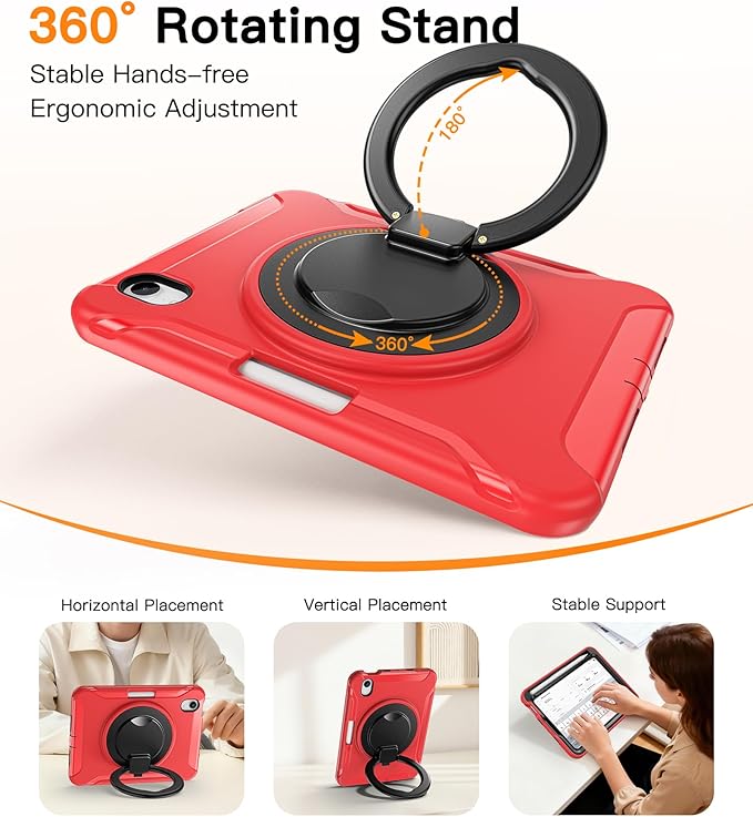 BATYUE Shockproof Case for iPad mini 7 (A17 Pro)/ Mini 6 8.3 inch (2024/2021) - 360° Multi-Angle Stand (Portrait & Landscape) & Grip, Built-in Pencil Holder, Red