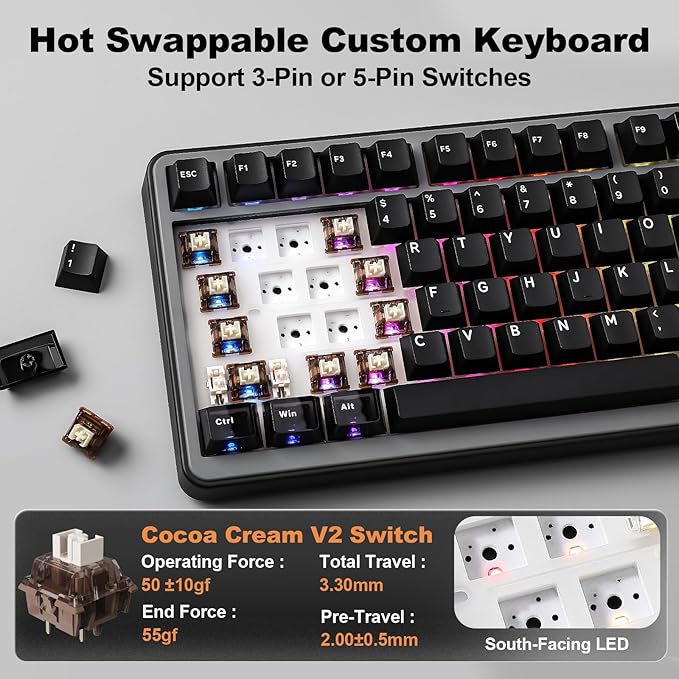 YUNZII B75 PRO MAX QMK/VIA Wireless Mechanical Keyboard,75% Layout with Screen and Knob,Custom Hot Swap Gasket,Creamy Pre-lubed Switches,Bluetooth/Type-C/2.4G for Win/Mac (Black,Cocoa Cream V2 Switch)