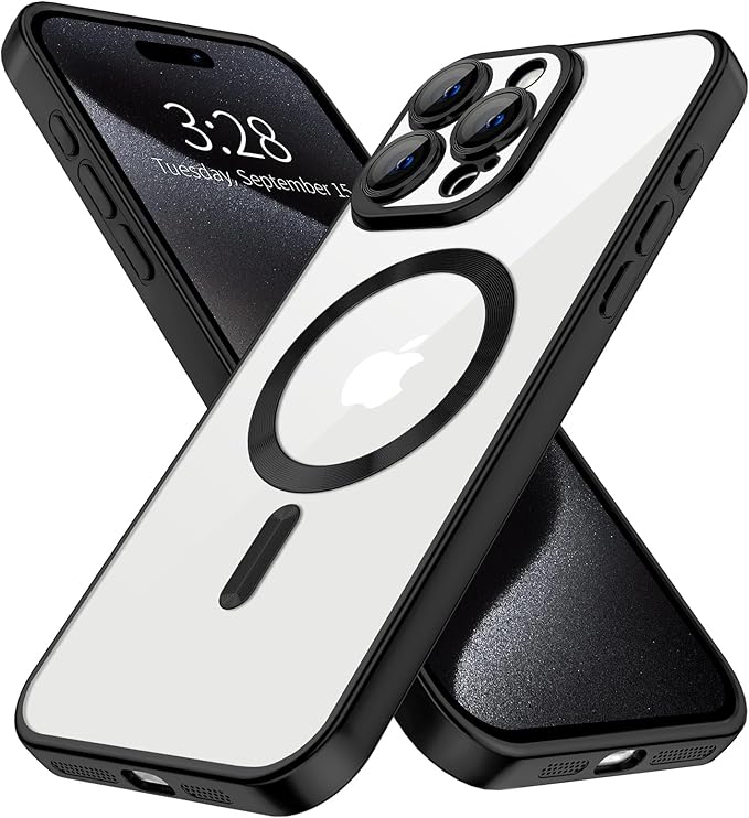 Hython Magnetic Clear for iPhone 15 Pro Max Case with Camera Lens Protector [Compatible with MagSafe] Plating Edge Slim Soft TPU Cover Protective Phone Case for iPhone 15 Pro Max 6.7", Matte Black