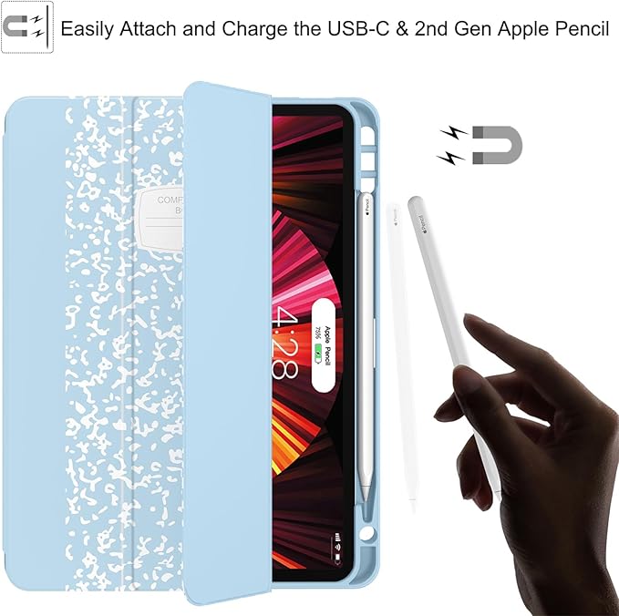 Soke for iPad Pro 11 Case (M2) 2022/2021/2020 with Pencil Holder - [Full Body Protection + Apple Pencil Charging + Auto Wake/Sleep], Soft TPU Back Cover for 2022 iPad Pro 11 inch(Book Ice Blue)