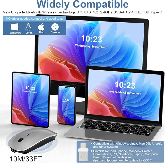 Kovess Wireless Bluetooth Mouse for Mac Air MacBook Pro Laptop PC Pad Optical Rechargeable Silent Mouse with Jiggler Mode Dual Mode Switch Bluetooth 5.2/3.0 and 2.4G USB-A & USB-C Receiver White