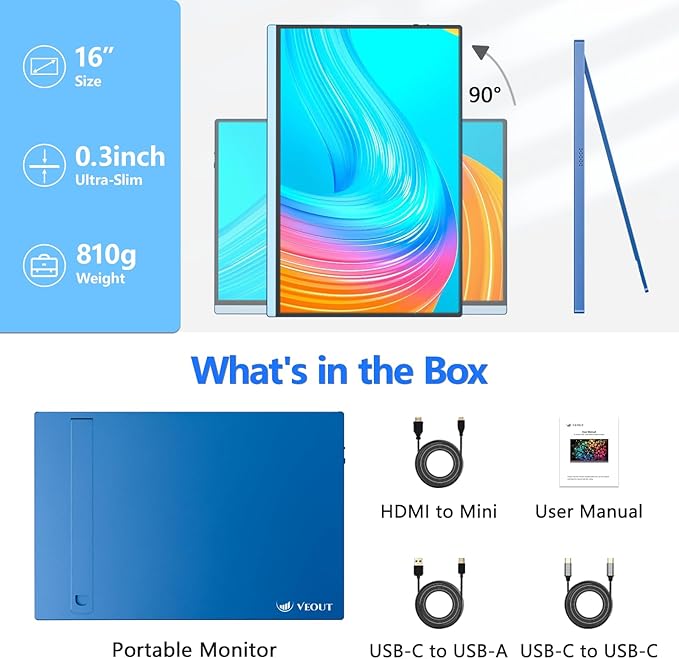 Veout Portable Monitor 16" 1200P FHD Dual USB-C/HDMI Ultra-Slim Travel Monitor with Kickstand & Speakers, 16:10 IPS External Second Screen Compatible with Laptop, Mini PC, MacBook, PS, Switch