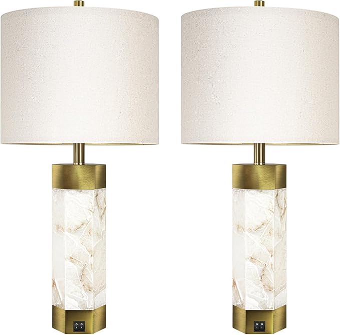 Natural Alabaster Table Lamps Set of 2,Table Lamp with Night Light for Living Room,Nightstand Lamp with USB Ports,Bedside Lamp with Linen Fabric Shade for Bedroom,Living Room,Office,Bar(Bulb Included)