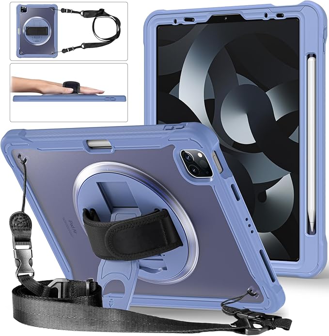 Batianda Case for iPad Pro 11-inch 2022 4th M2 Chip /2021 (3rd Generation) Heavy Duty Rugged Shockproof Tablet Cover with 360° Rotating Hand Strap Foldable Hidden Stand & Shoulder Strap, Lavender