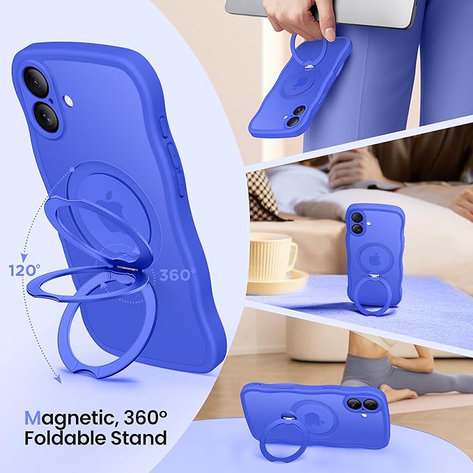 CAPRARO for iPhone 16 Case with 360° Spin Magnetic Stand for Women, [Compatible with MagSafe] [Full Camera Protection] Cute Wave Translucent Matte Case for iPhone 16, Ultramarine