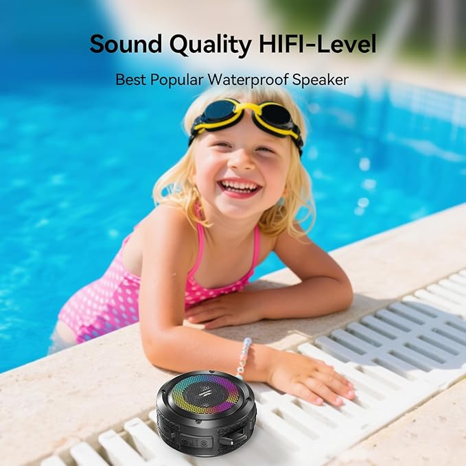 Bluetooth Shower Speaker, Soundace S6 IPX7 Waterproof Portable Speaker with Suction Cup, Hook, Lights,Stocking Stuffers, Premium Mini Outdoor Wireless Speake Ideal Gift for Christmas (Black)