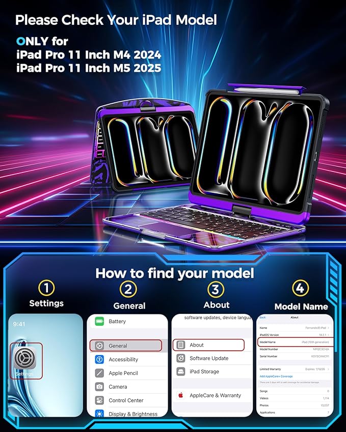 TSQQST Clear Wireless Keyboard Case for iPad Pro 11 Inch (M5/M4) 2025/2024 with Pencil Holder & Multi-Touch Trackpad, Visible PCB, 3-Brightness & 7-Color Backlight, 360° Rotating Stand, Purple