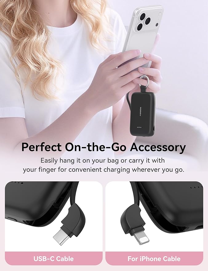 RORRY CharmGo Portable Charger, 10000mAh PD 30W Fast Charging Portable Charger Power Bank with Built-in Cables, Travel Keychain Charger Battery Pack for iPhone 17/16/15, for AirPods 2/3/4/Pro, Black