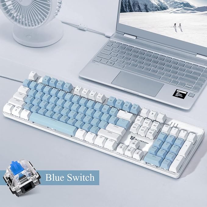 Qisan 104 Mechanical Keyboard for Gaming | Large Size USB White Backlit Gaming Keyboard Wired | US Layout Blue Switches Hot Swappable Mechanical Clicky Keyboards Compatible with PC & Laptop