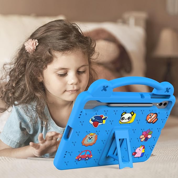 AKABEILA Compatible with Samsung Galaxy Tab S7 FE 12.4(2021)/Tab S7 Plus(2020)/Tab S8 Plus(2022) 12.4/Tab S9 Plus(2023) 12.4 Tablet Case, Stand Handle & Pen Tray for Girl Kid Gift Sky Blue