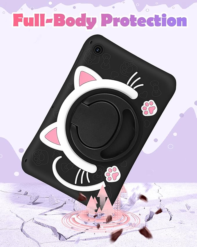 Wazzasoft for Samsung Galaxy Tab A9 Plus Case 11” Girls Cute Black Cat Cover Kawaii Girly 3D Cartoon Women Kitten with Rotating Handle Stand & Strap Soft Silicon Funda for Samsung A9 Plus Tablet Case