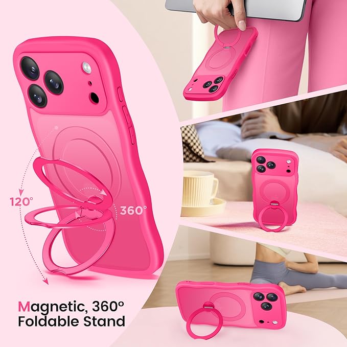 CAPRARO for iPhone 17 Pro Max Case with 360° Spin Magnetic Stand for Women, [Compatible with MagSafe] [Full Camera Protection] Cute Wave Translucent Matte Case for iPhone 17 Pro Max,Hot Pink