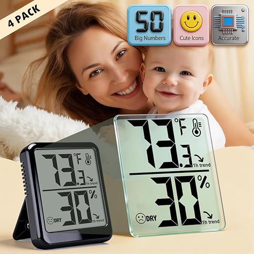 4-Pack Room Thermometer Indoor Hygrometer, Small Digital Temperature and Humidity Monitor Sensor, Temperature Humidity Gauge Meter for Home Baby Room, Plants, Pets - AAA Battery Included