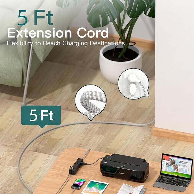 Addtam Black Power Strip Surge Protector with 12 AC Outlets & 4 USB Ports, 5FT Extension Cord, Flat Plug Wall Mount, 1050J, Desk Charging Station for Home Office Gaming Setup, ETL Listed