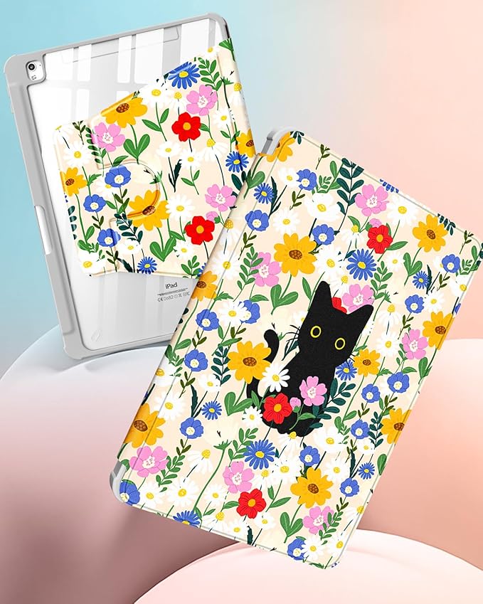 Uppuppy for iPad 9th/8th/7th Generation Case for iPad Air 3rd/ Pro 10.5” Case - 360 Rotating Stand Folio Smart Cover with Pencil Holder for Women, Cat & Flowers for Apple Tablet 7/8/9 Gen 10.2 inch
