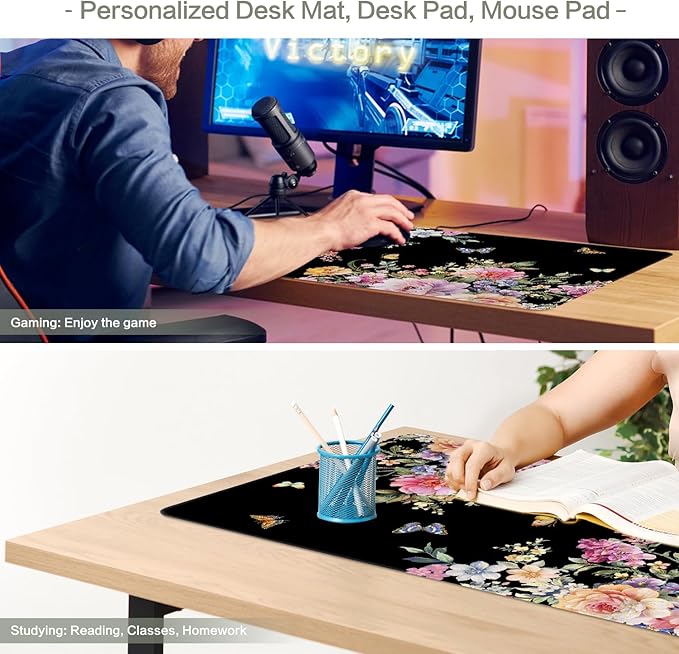 Pink Flower Desk Mat Mouse Pad Waterproof, Butterfly Floral XXL Extended Large Gaming Desk Pad Mousepad, Black Computer Laptop Keyboard Mouse Mat for Women Girls Work, Game, Office, Home 31.5x15.7 in