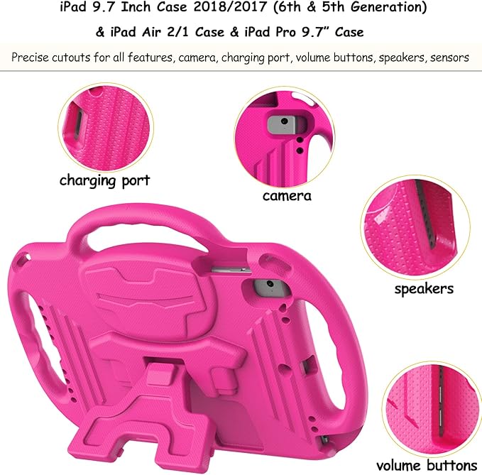 LTROP Kids Case for iPad 5th/6th Generation (2017/2018) & Air 2, Shoulder Strap Handle Stand Shockproof Bumper Cute Kid Case for iPad 9.7 Inch, Pink