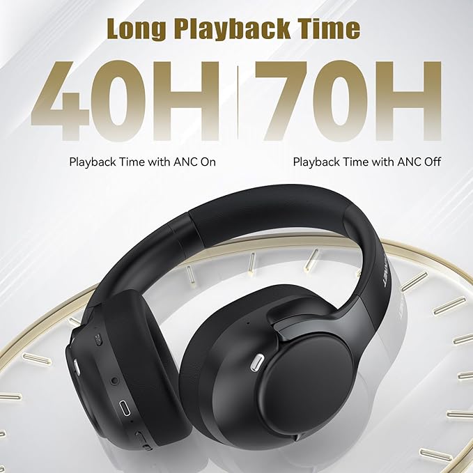 TECKNET Hybrid Active Noise Cancelling Headphones, Bluetooth 6.0 Wireless Headphones, 70H Playtime and 6 EQ Music Modes with 3.5mm Cord, Over Ear Headphones for Travel Work Cellphone - Black