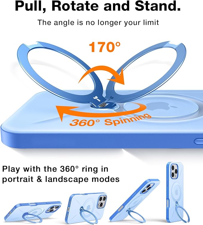 TORRAS 360° Spin Magnetic Stand for iPhone 16 Pro Max Case, Fit for MagSafe, Hard PC Protective Ostand Case for iPhone 16 Pro Max Phone Case with Kickstand Rotatable, Sapphire Blue