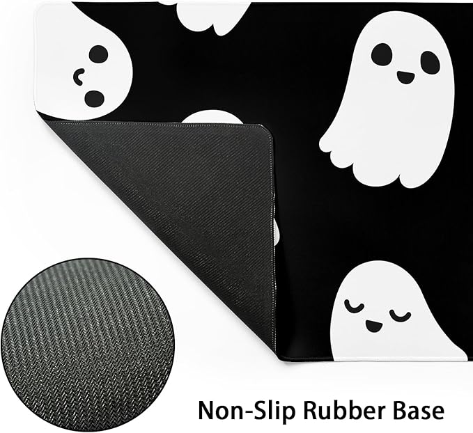 Halloween Cute Ghost Mouse Pad Large Kawaii Cartoon Spooky Funny Spirit Extended Desk Mat Non-Slip Rubber Base Stitched Edge Large XL Black White Mousepad for Desk Gaming Laptop Desktop,24x14 Inch