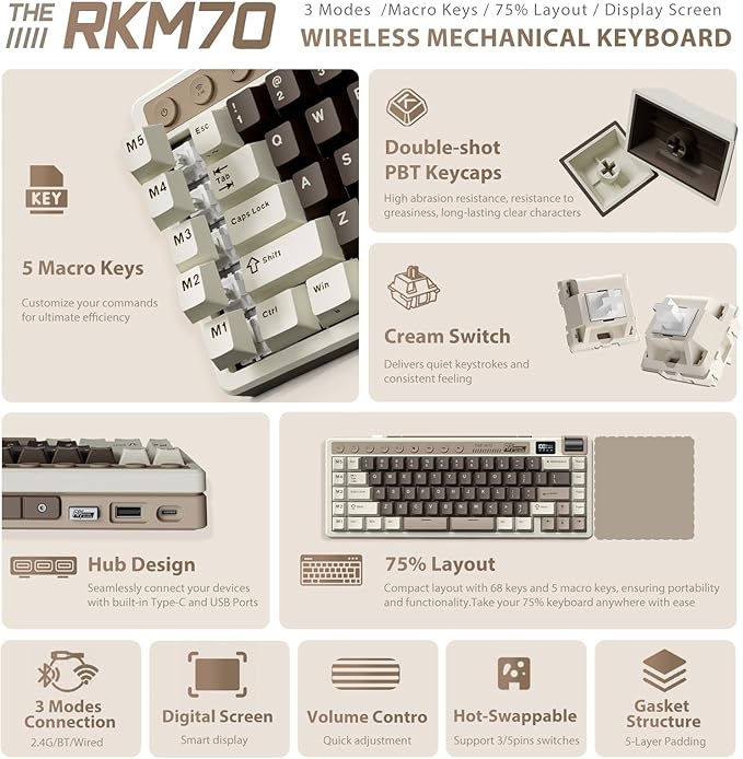 RK ROYAL KLUDGE M70 Wireless Mechanical Keyboard with Macro Keys 2.4GHz/Bluetooth/Wired 75% Gaming Keyboard with 6000mAh Battery Gasket-Mount Display & Knob RGB Hot-Swappable Linear Cream Switch