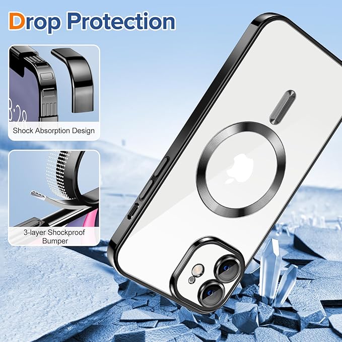 Hython Magnetic Clear for iPhone 11 Case with Camera Lens Protector [Compatible with MagSafe] Luxury Plating Edge Slim Soft TPU Cover Protective Phone Case for iPhone 11 6.1", Black