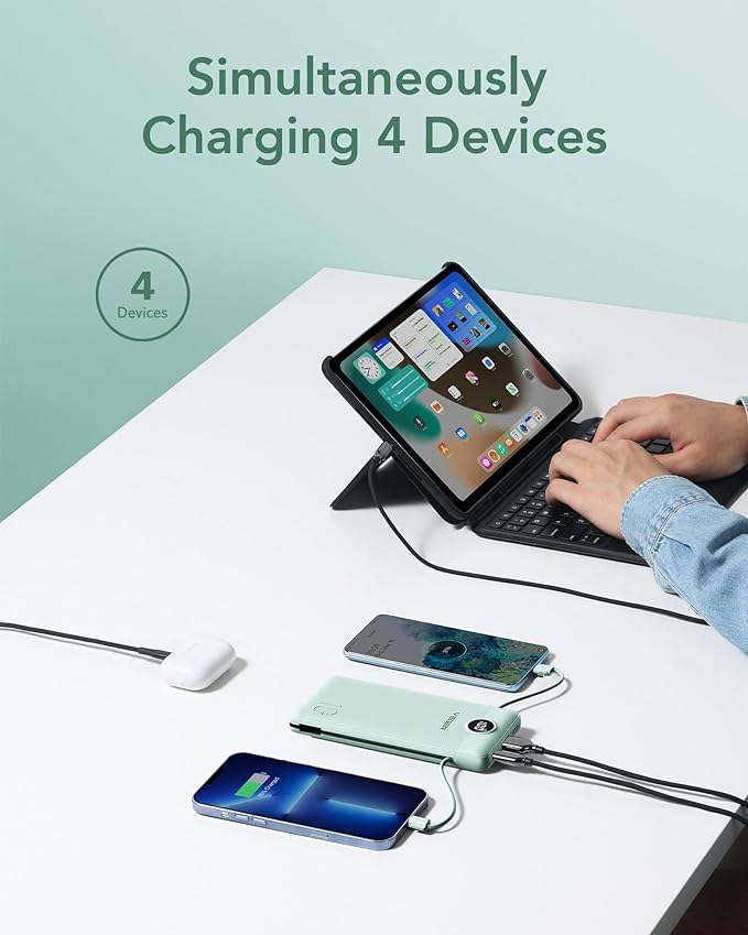 VEGER Portable Charger with Built-in AC Plug and Cables, All in One 10000mAh Ultra Slim Power Bank Travel Essentials, Fast Charging Battery Pack Compatible with iPhone, Samsung, Android (Green)