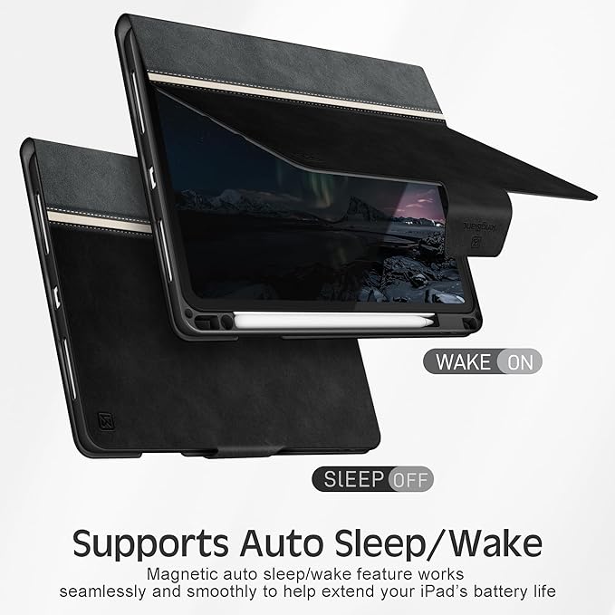 KingBlanc Case for iPad Pro 11 inch (M5 2025/M4 2024) with Pencil Holder, Vegan Leather Smart Stand Cover, Auto Sleep Wake, Support Pencil Pro/(USB-C), Viewing/Typing Angle, Durable Protection, Black