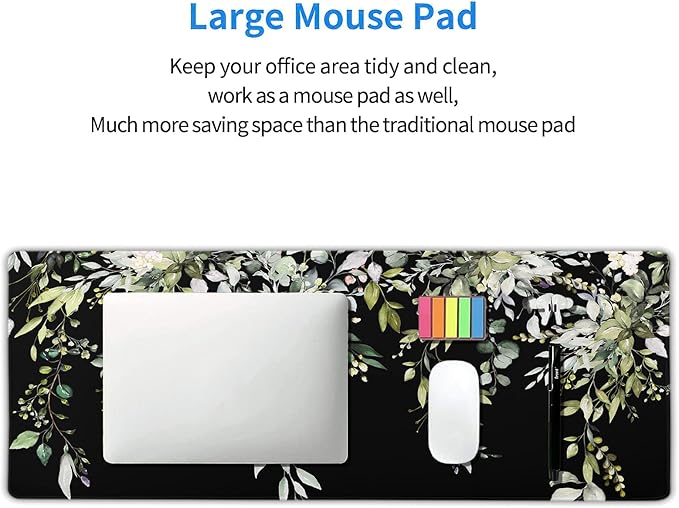 Sage Green Leaves Gaming Mouse Pad XL Spring Summer Floral Extended Large Desk Mat Black Big Mousepad Non-Slip Rubber Base Stitched Edge Long for Desktop Office Computer Gamer,31.5×11.8 in