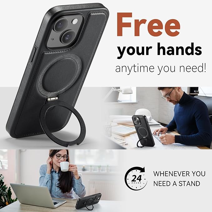 for iPhone 15 Plus Case with Stand, Compatible with MagSafe, Slim PU Leather & Durable TPU Protective Magnetic Kickstand Cover Drop-Proof with Tempered Glass Screen Protector 6.7", Black